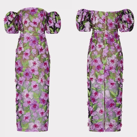 Milly Nira Off-Shoulder 3D Floral Appliqué Embroidered Midi Dress NWT Medium - Picture 6 of 17